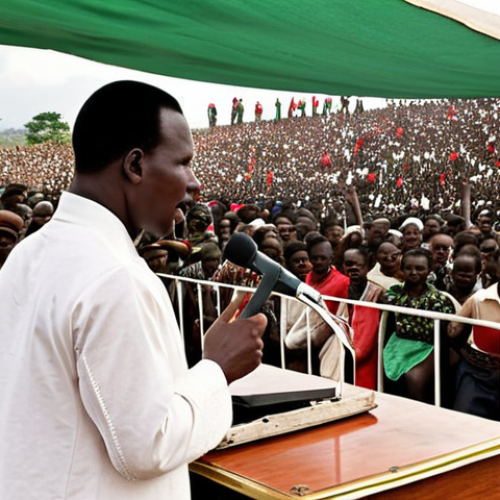 Home 15 **Prince Louis Rwagasore addressing a crowd in pre-independence Burundi.** (Focus on the charismatic leader inspiring hope for freedom.)