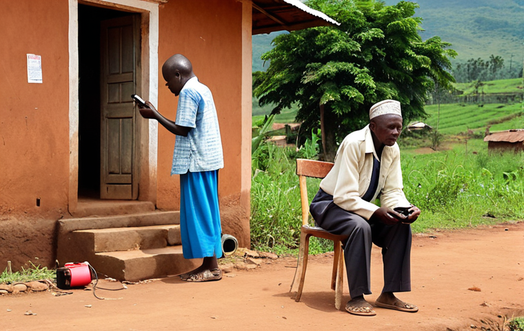 Visualizing Burundi's media landscape: A stark contrast between old and new. In the foreground, an elderly Burundian in a humble, rural setting intently listens to a classic battery-powered radio, its signal strong and clear, symbolizing reliable traditional media. In the background, a young Burundian in a semi-urban area struggles with a low-cost smartphone, a weak or no signal icon visible, representing the digital divide and connectivity challenges. The scene should convey both the enduring importance of radio and the nascent, yet difficult, rise of digital access. Authentic, respectful, warm lighting.
