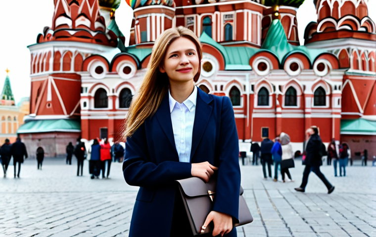 **

A professional businesswoman, fully clothed in a stylish and modest business suit appropriate for Moscow's autumn weather, stands confidently in front of the iconic St. Basil's Cathedral in Red Square. She holds a sleek laptop bag. The background is slightly blurred, emphasizing her presence. Perfect anatomy, correct proportions, natural pose, well-formed hands, proper finger count, natural body proportions, safe for work, appropriate content, professional, modest, family-friendly, high quality.

**
