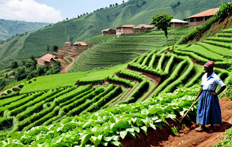 부룬디의 현대적 과제 - Sustainable Farming in Burundi**
"A Burundian farmer, fully clothed in work attire, tending to a te...