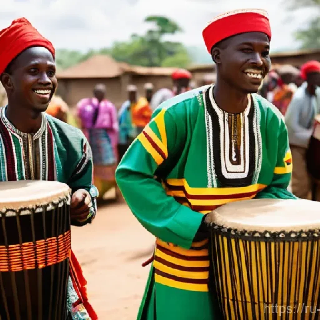부룬디 민족성과 사회적 가치 - A powerful and vibrant scene capturing the essence of Burundian drumming. Several male drummers, dre...