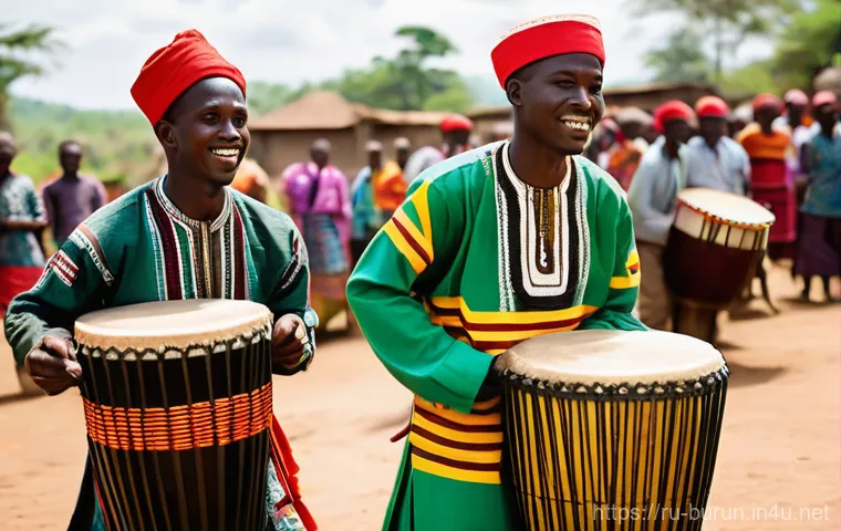부룬디 민족성과 사회적 가치 - A powerful and vibrant scene capturing the essence of Burundian drumming. Several male drummers, dre...