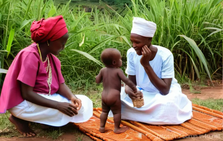 부룬디 민족성과 사회적 가치 - A powerful and vibrant scene capturing the essence of Burundian drumming. Several male drummers, dre...
