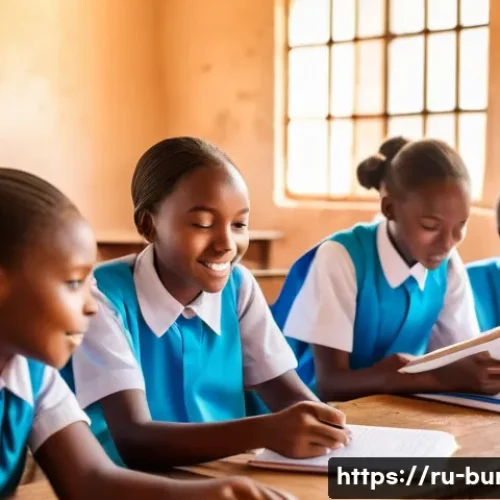 부룬디 청년의 역할 - A vibrant scene of young Burundian students, predominantly girls, eagerly gathered around a shared t...
