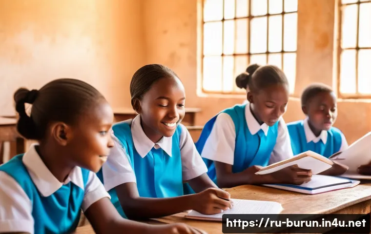 부룬디 청년의 역할 - A vibrant scene of young Burundian students, predominantly girls, eagerly gathered around a shared t...