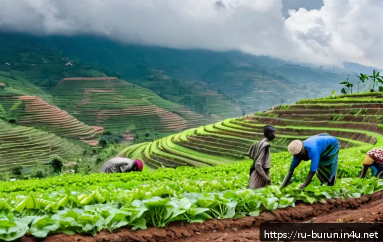 부룬디 기아 문제 - A rural Burundi farming scene showing small-scale farmers working on terraced hillsides under a clou...