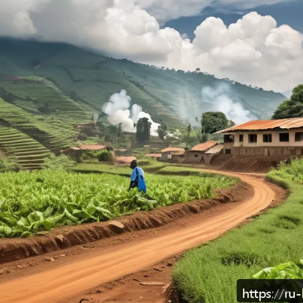 부룬디 내전과 국제사회의 개입 - A detailed scene depicting a rural village in Burundi affected by conflict, showing damaged infrastr...
