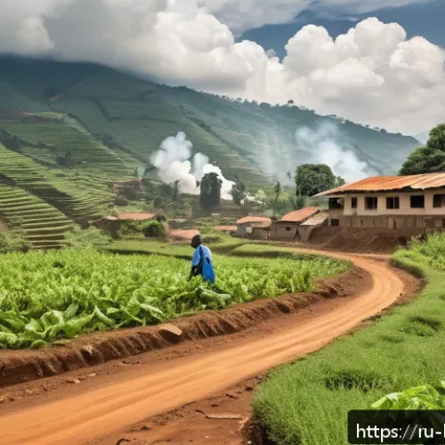 부룬디 내전과 국제사회의 개입 - A detailed scene depicting a rural village in Burundi affected by conflict, showing damaged infrastr...