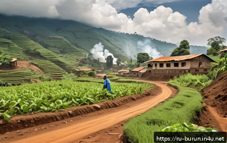 부룬디 내전과 국제사회의 개입 - A detailed scene depicting a rural village in Burundi affected by conflict, showing damaged infrastr...