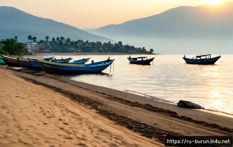 부룬디 수도 부줌부라 - Photorealistic wide-angle view of Bujumbura, Burundi, from the tranquil shore of Lake Tanganyika at ...