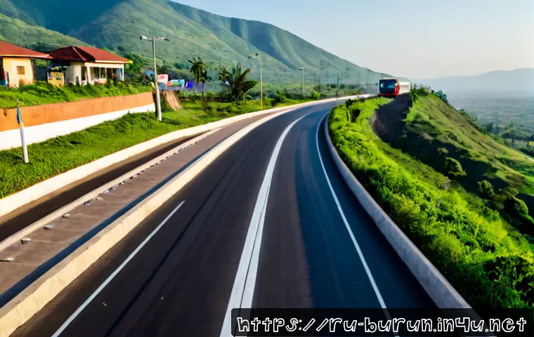 부룬디 인프라 개발 현황 - Photorealistic wide-angle view of a newly upgraded paved highway on the outskirts of Bujumbura, Buru...